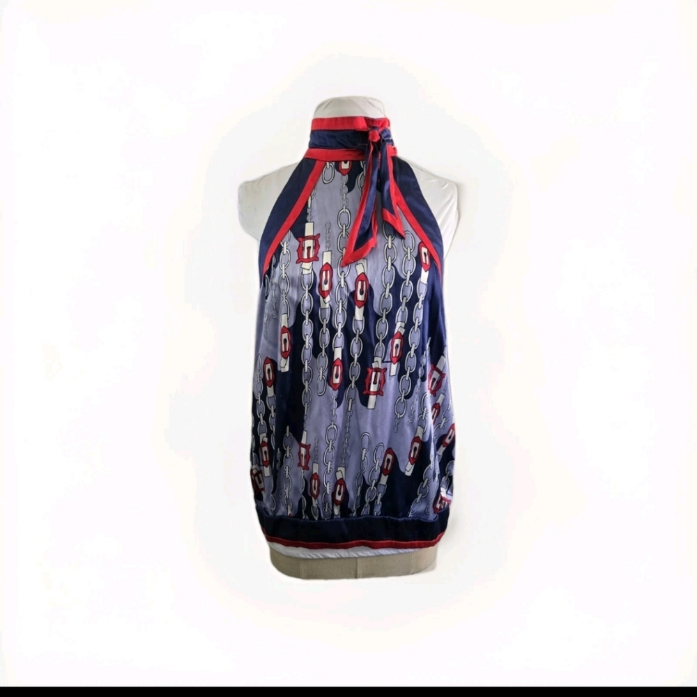Bebe Silk Red, White And Blue Blouse- Large